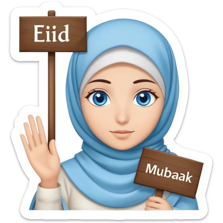 Turkish beautiful finish Konya girl blue eyes with cloudy hijab islamic dress and had on her hand text Eid Mubarak  sticker