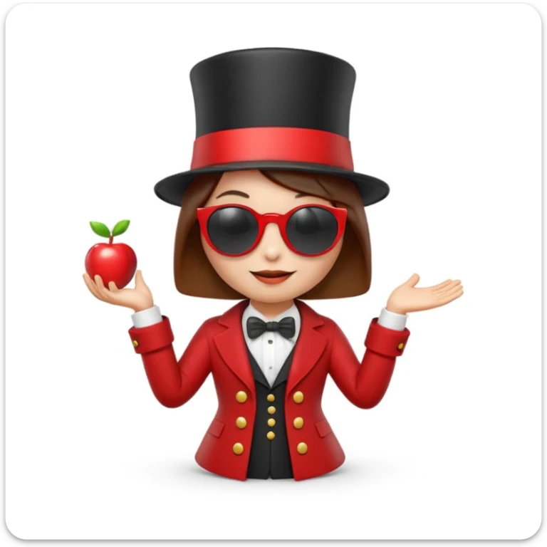 3D apple-style emoji of a whimsical character with simplified shapes, cartoon-like look, glossy finish, soft shadows, white background, tall top hat with ribbon, large round white sunglasses, short brown bob haircut, elegant collar, red coat, playful and iconic sticker