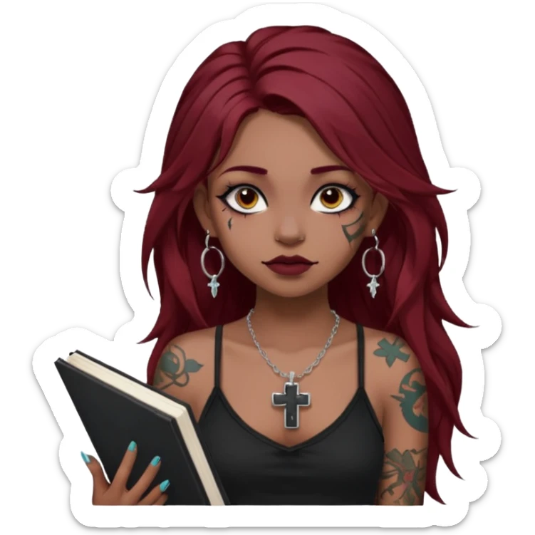 generate an ios genmoji of a dusky girl with long dark red messy hair with eyeliner on her eyes. septum piercing, wearing a cami black top, has tattoos, on shoulders. ear piercings. wearing a cross silver necklace. carrying a lot of sketchbooks


no tattoos on face sticker