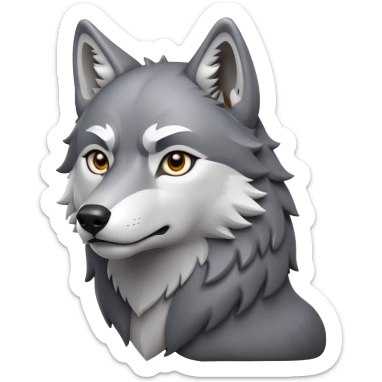 cinematic-noble-wolf-portrait-emoji,-poised-and-regal,-with-a-strong,-lean-build-and-a-sleek,-fur-of-grey-and-white,-deep-set-soulful-piercing-eyes,-simplified-yet-sharp-and-sophisticated-features,-highly-detailed,-full-body, zoomed out showing shoulders sticker