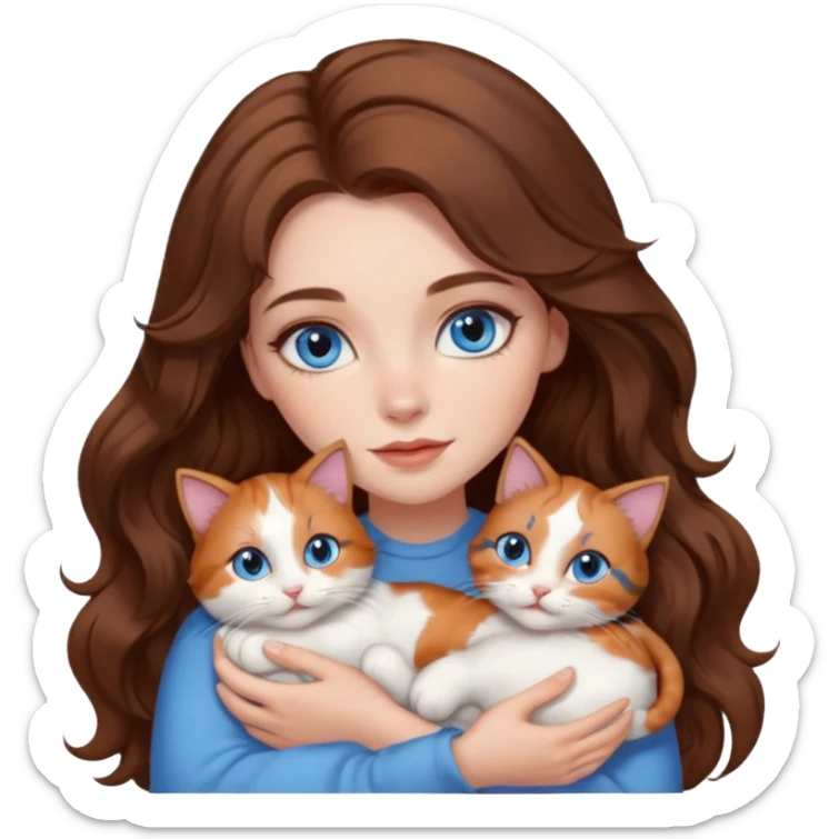 girl with long wavy brown hair, blue eyes, long lashes makeup, cuddling with 6 cute cats sticker