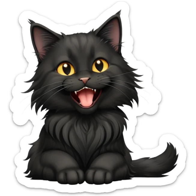 cinematic-yawning black-maine-coon-cat-portrait-emoji,-head-tilted-playfully-and-inquisitively,-sleek--black-fur,-simplified-yet-adorable-features,-highly-detailed,-glowing-with-a-warm,-friendly-glow  sticker