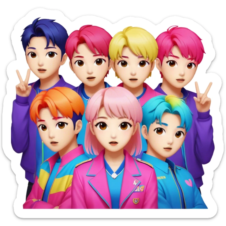 Cinematic Realistic BTS Pop Culture Emoji, featuring a dynamic, energetic portrayal of the acclaimed K-pop group rendered with vibrant textures and energetic, colorful lighting. sticker