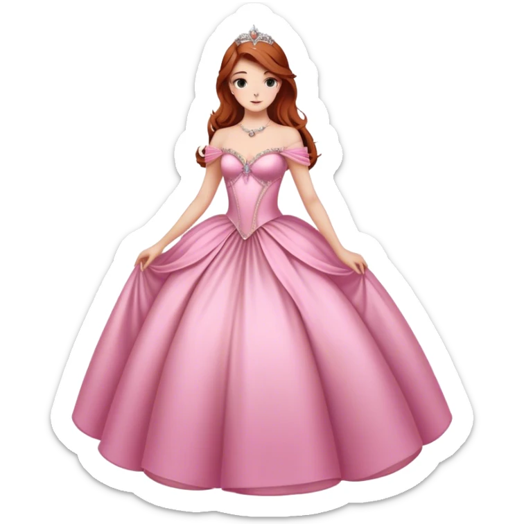 Cinematic Majestic Sleeping Beauty Portrait Emoji, rendered in a clean, vector-style with bold, simplified shapes. Show Aurora with a serene, noble expression, luminous porcelain skin, and elegantly flowing auburn hair, dressed in an opulent pink ball gown. The design radiates a majestic, enchanted glow with high shine and a soft glowing outline, embodying classic royal elegance. sticker