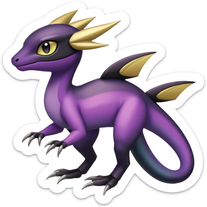 purple-black-gold-gradients Meloetta-Larvitar-Axew-Salandit-Pokémon-Fakémon-creature-hybrid-fusion sticker