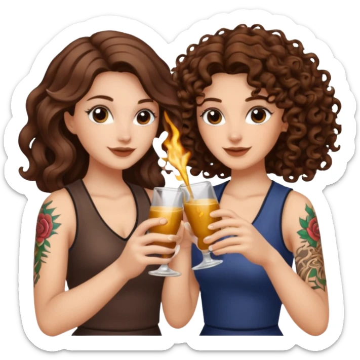 vial cheers — long wavy brown hair tattooed woman and short tight curly brown hair woman — clink potions sticker