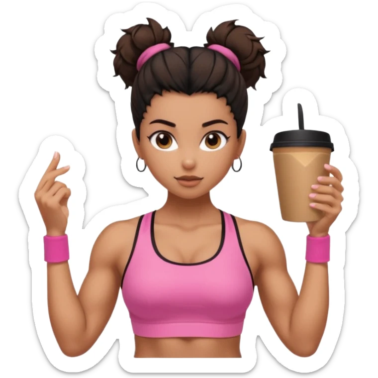 Caramel skinned toned female with a black messy bun for hair. Her eyes are a coffee color brown and almond shaped. She’s wearing a pink sports bra and showing off her flexed muscular toned biceps. sticker