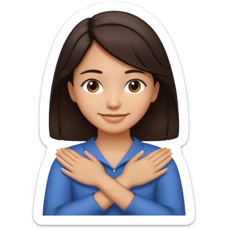 make an emoji of a girl with medium skin and very dark brown hair. her hands are crossed and holding the front of her neck. her face is smiling sticker