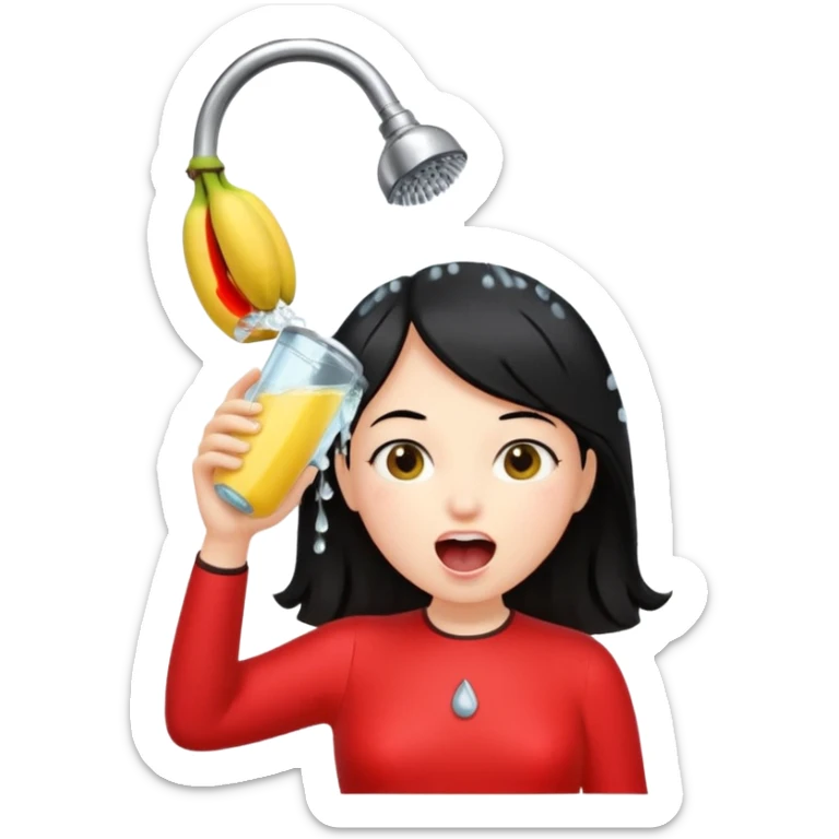 a girl with black hair and red dress with opened mouth drinking pale yellow water coming out from a shower looking like a banana above her head sticker