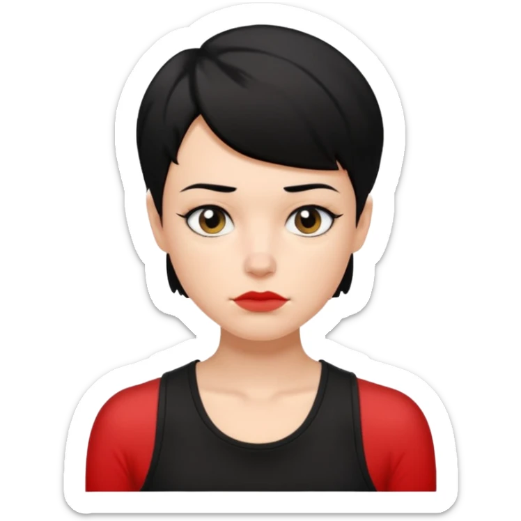 a white woman with short tomboy black hair with mole on top of her lip wearing men's black tank top sticker