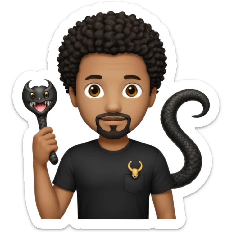 Homme noir de peau,  yeux marron avec un bouc pas de  moustache, cheveux noir court et bouclé crépus avec un dégradé sur le côté, avec un cobra à côté , t-shirt noir  sticker