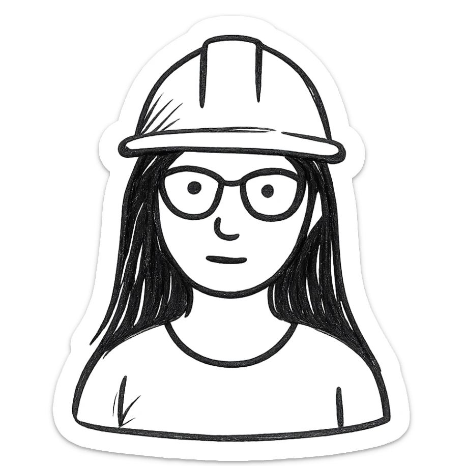 A woman with long, straight black hair, wearing glasses and a white architect's helmet sticker