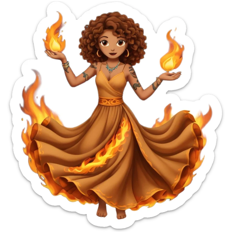 Sexy brown eyes, brown curly hair, white ethnicity with tattoo, mystic vibe, dancing in the fire in the night  sticker