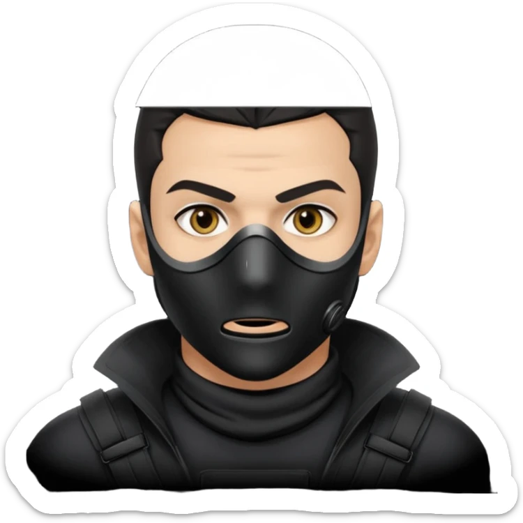 Close-up portrait of an attractive man with piercing eyes, wearing a sleek black tactical mask that covers the lower half of his face. He has sharp jawline definition, dark hair, and a serious, undercover criminal or covert operative look. High contrast, noir lighting, cinematic depth of field. sticker