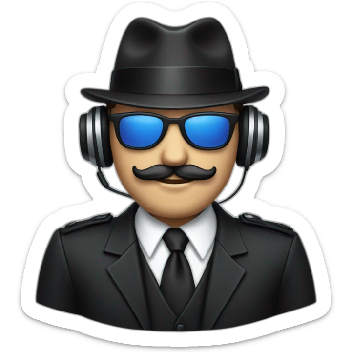 A man with a beige skin, a black suit, a tie, a fedora hat, headphones, sunglasses and a mustache sticker
