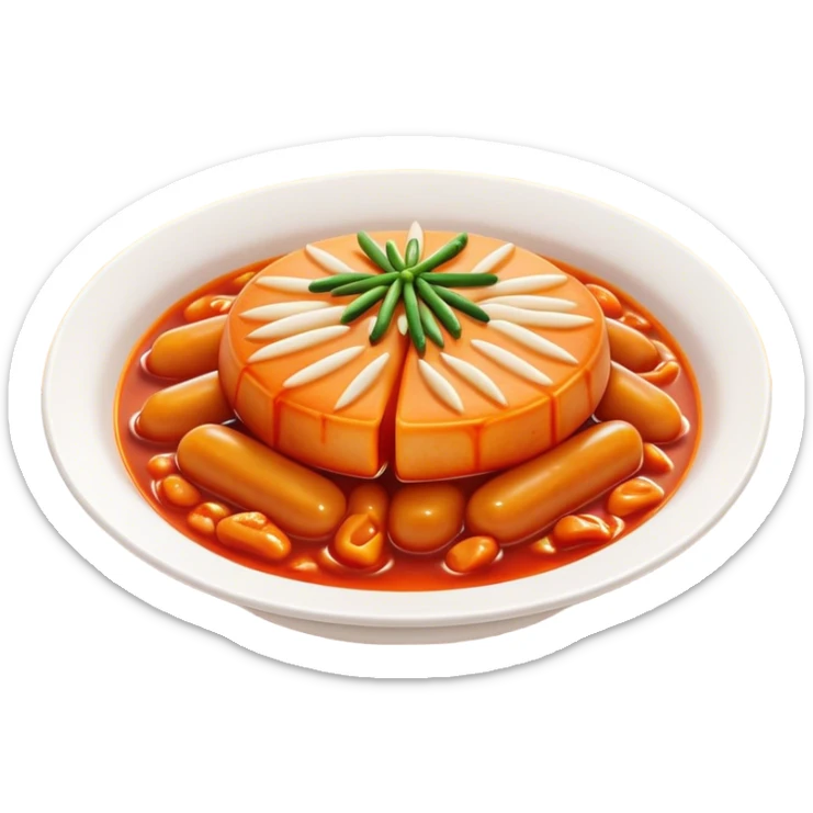 Cinematic Realistic Tteokbokki Dish Emoji, showcasing spicy, chewy rice cakes in a fiery sauce rendered with lifelike detail and bold, dynamic lighting. sticker