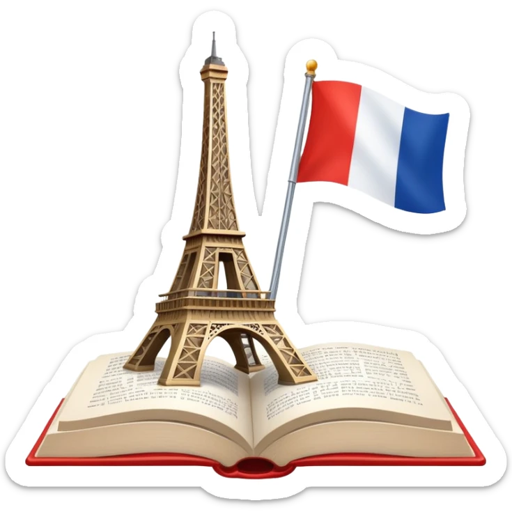 An icon featuring the Eiffel Tower and the flag of France, symbolizing the French language. The design includes an open book with French text, representing language learning and French culture. Transparent background highlights the elegance of the French-speaking world. sticker