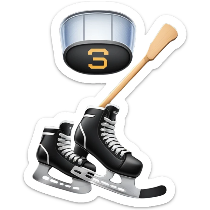 Please, make An icon featuring close-up shots of key hockey equipment: a hockey stick, puck, and skates. The background shows a packed stadium with cheering fans, bright arena lights, and an icy rink. Transparent background highlights the essentials of the game and the thrill of the sport. sticker