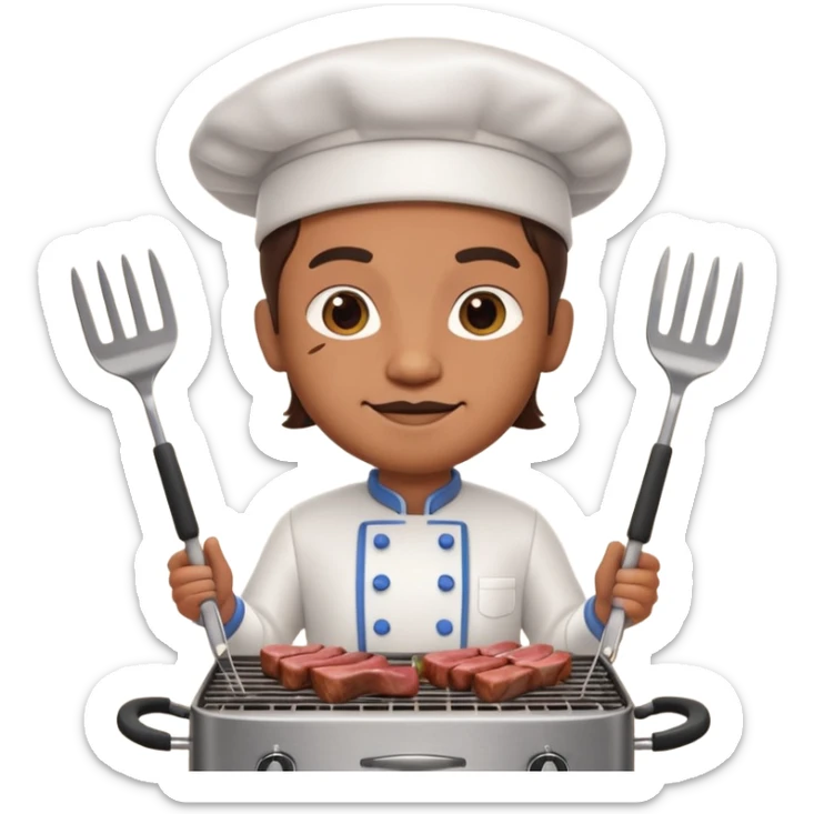 A 3D cartoon cook flipping meat on a grill with tongs, gentle smoke effect, Memoji-style lighting. sticker