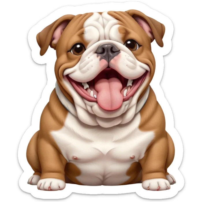 Cinematic Cute Yawning Brown and White English Bulldog Portrait Emoji, Head tilted slightly with a dramatic, wide-open yawn, showcasing a smooth brown and white coat with a defined pattern, floppy ears slightly drooping, round brown eyes barely open in drowsy contentment, Simplified yet irresistibly adorable features, highly detailed, glowing with a soft, cozy glow, high shine, relaxed yet expressive, stylized with a touch of whimsy, bright and endearing, soft glowing outline, capturing the essence of a sleepy yet affectionate guardian, so drowsy it feels like it could stretch out of the screen and curl up for a nap! sticker