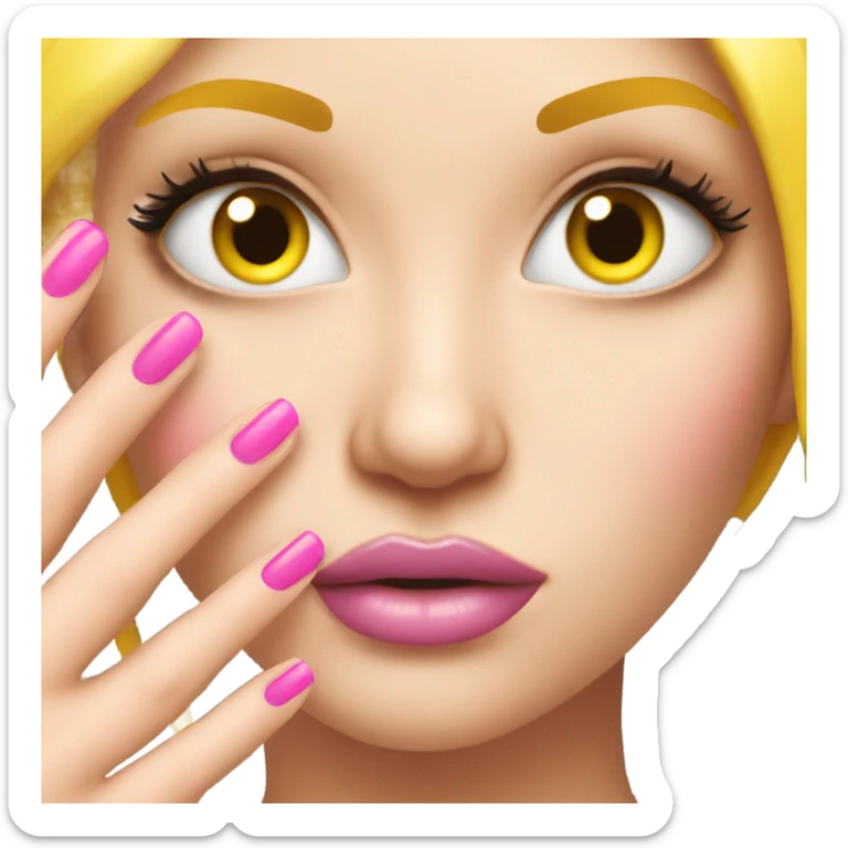 Sassy yellow emoji with long eye lashes and showing off long pink nails sticker