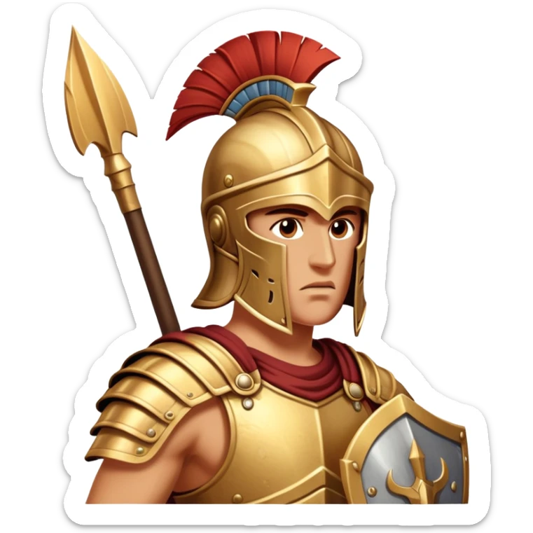 Cinematic-realistic Achilles emoji portrait fearlessly on the battlefield of Troy. His trojan armor gleams , each intricate engraving telling tales of his past glories. His piercing gaze locks onto his foe, his grip tightening around his spear.  sticker