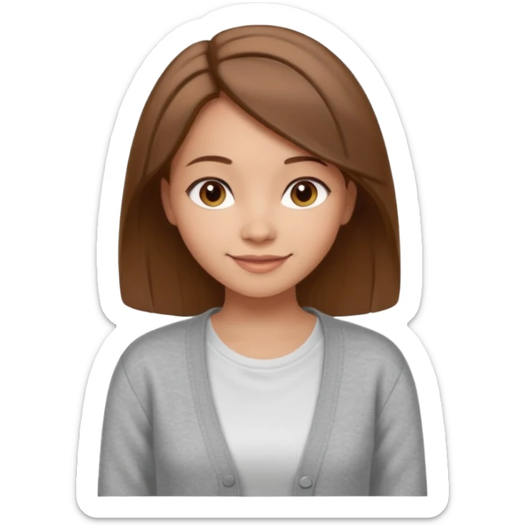 The girl has straight medium-length brown hair, light skin, wearing a white t-shirt and gray cardigan. Gentle smile, friendly neutral expression sticker