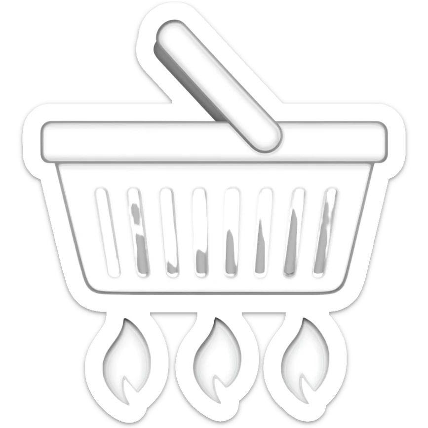 Icono de un estufa industrial con canastilla que tenga un mango arriba y llama estilizada debajo, que sea icono en blanco, estilo outline, sticker