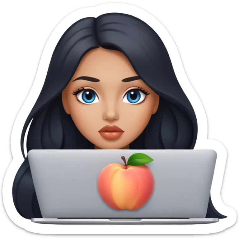 Glamours tanned very beautiful girl with big pump peach lips and almost black straight smooth silky long hair, blue-grey eyes with MacBook sticker