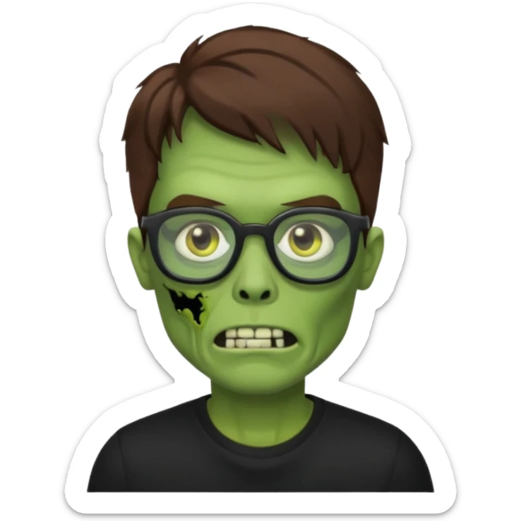 Green zombie, brown hair, black glasses, black shirt. iOS style. sticker