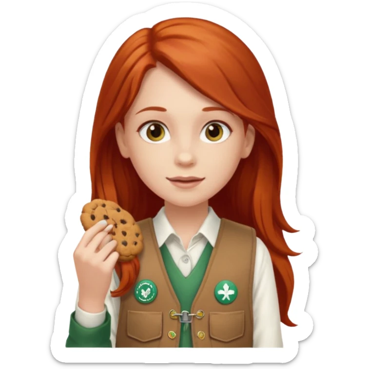 white girl scout with red long hair selling cookies with a brown Girl Scout vest and white shirt under vest. She should be around 10 years old sticker