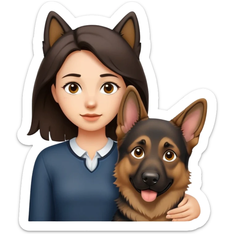 a girl with shoulder length dark brown hair with a German shepherd. emoji style, white background  sticker