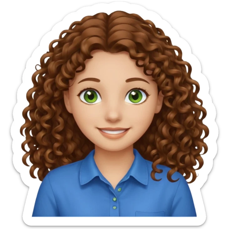 girl with brown hair, green eyes with a blue shirt no background ,young with curly hair smileing long hair sticker