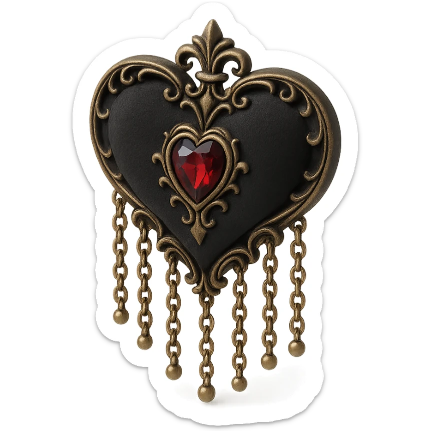 gothic heart in 3D black style, black velvet texture, silver chain fringe, dark ruby center, ornate and dramatic sticker