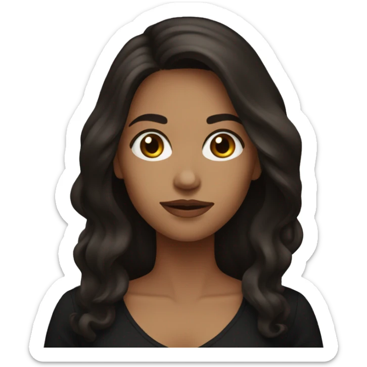 woman with dark brown slightly wavy long hair, wearing a black top sticker