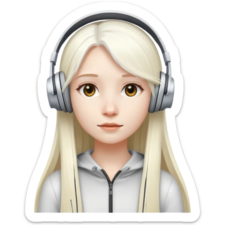 girl with long white  straight hair and White head mounted headphones sticker