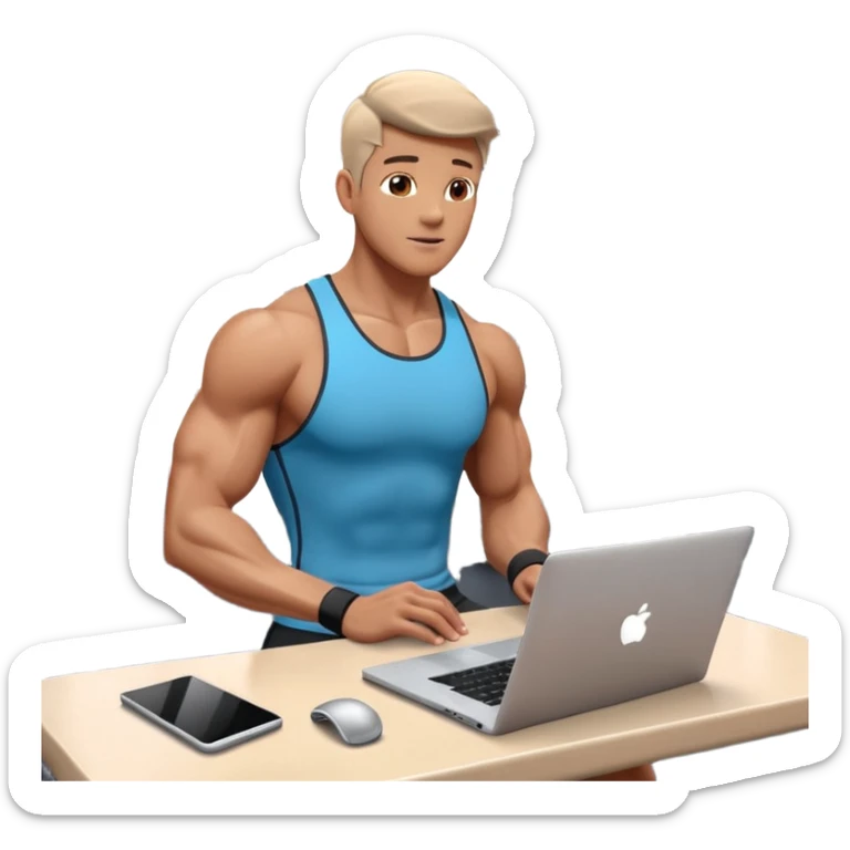 Open laptop on a dark background, showing a male fitness trainer inside a modern professional gym on the screen— smooth rounded edges, soft lighting, no text or logos, minimalistic and high-quality rendering. Only the laptop is visible, centered sticker