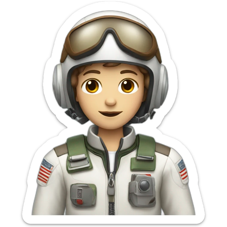 A white young boy with brown hair and a airplane pilot suit and a radio helmet sticker