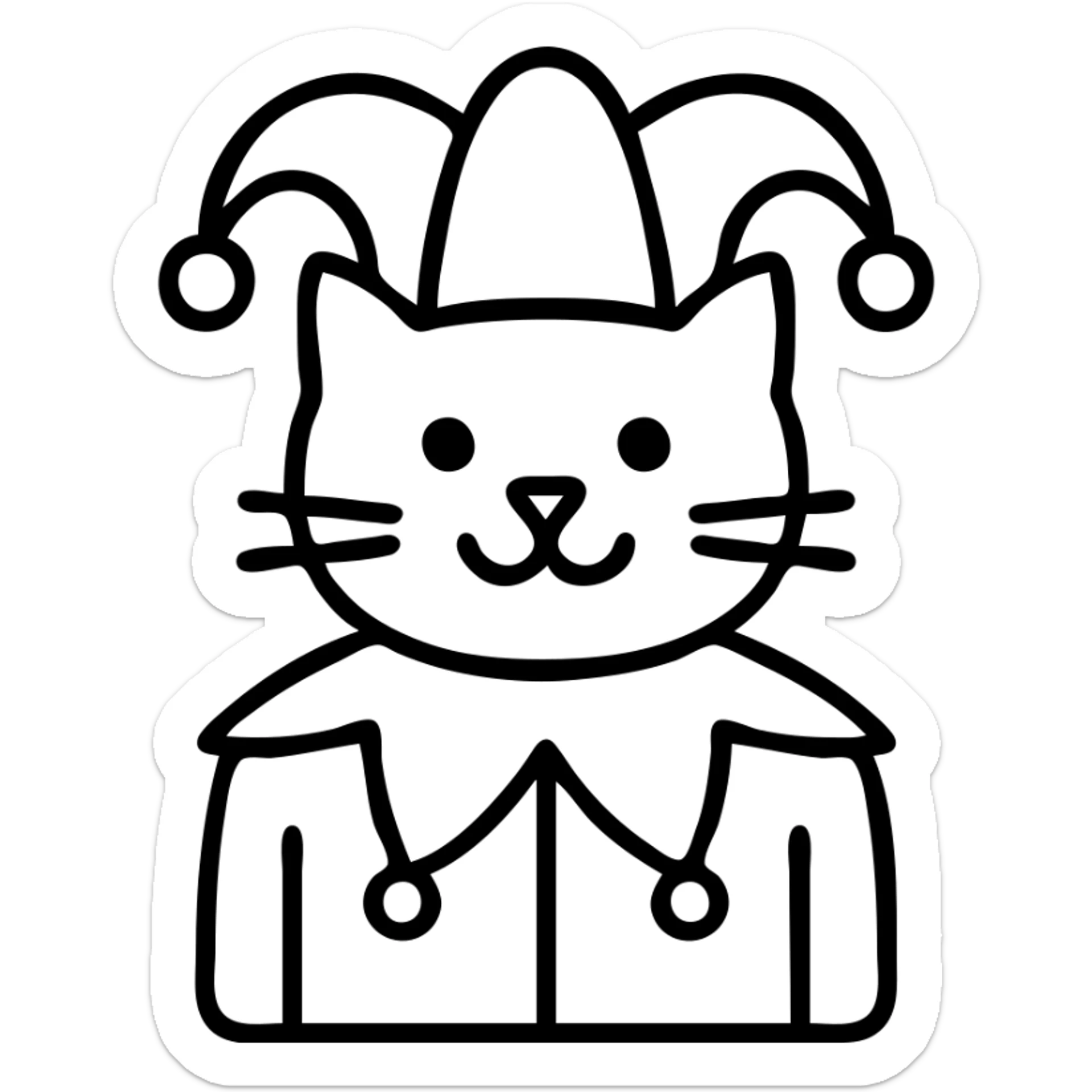 crazy cute little cat jolly joker from poker, medieval, vintage, court jester, mac os icon, purple, gold and red color, head + torso. Squared shape as 3D mac os system icon, symmetrical sticker