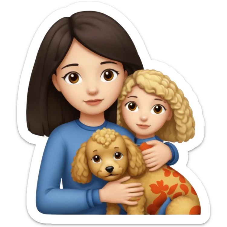 Ludo (ragazza mora capelli lisci) che abbraccia il suo cane leone (un barboncino biondo) sticker