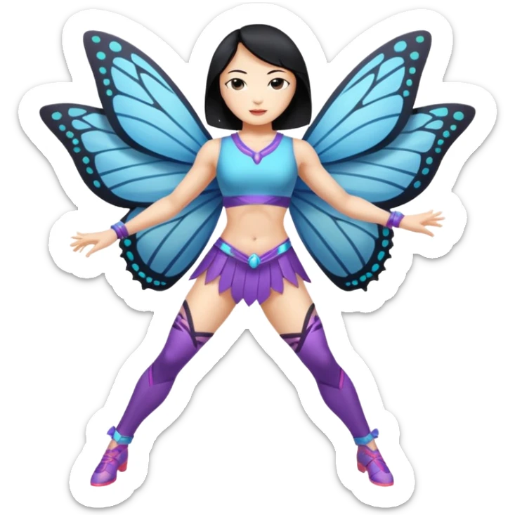full body east asian woman black hair bob muscular build butterfly blade dancer sticker