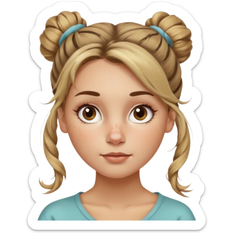 creative women with long dark Blond with highlights semi curly hair white women with hair in a messy bun, oval shape face hazel eyes long lashes freckles on the nose high cheek bones sticker