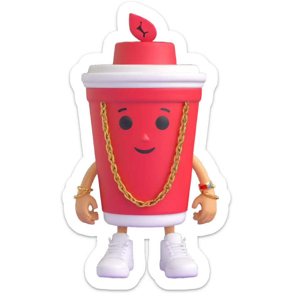 3D cartoon character of a Styrofoam cup of lean (purple drank), with a friendly face, arms, a gold chain, and Jordan sneakers, simple style sticker