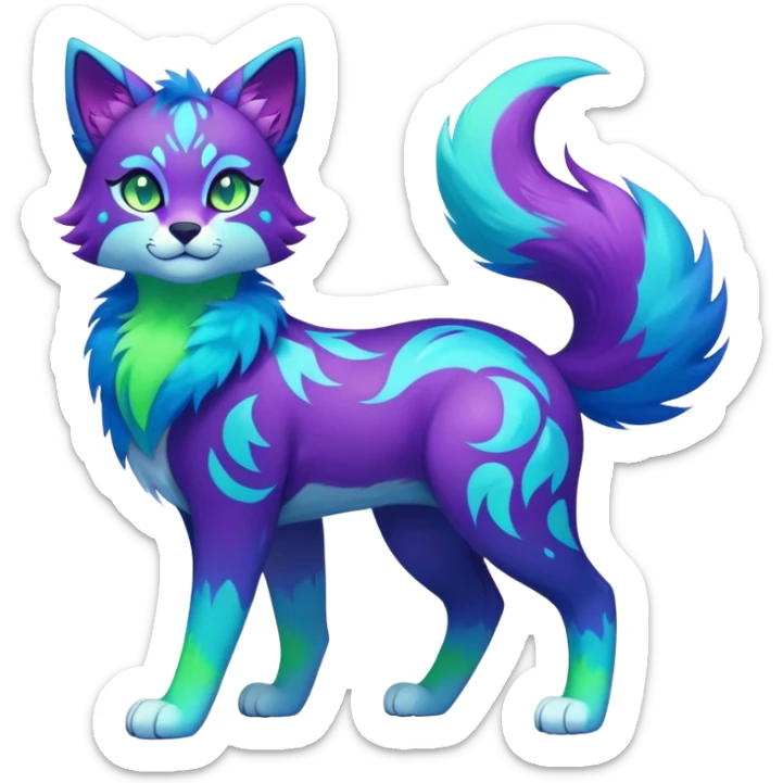 Vibrant multicolored neon-colored Falvie-Fionbri-creature-sparkle-feline-canine-hybrid-fursona, full body, fur pattern-markings sticker