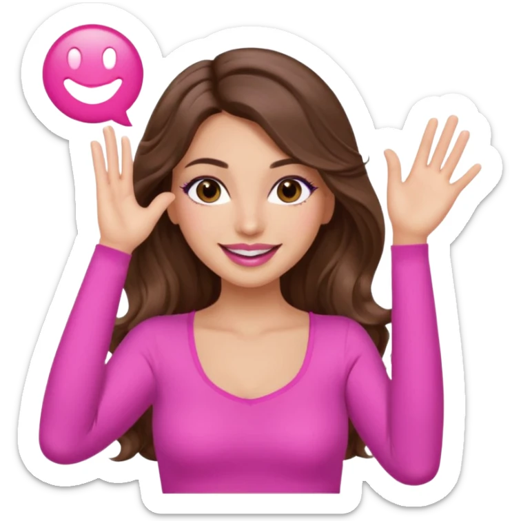 girl with long wavy brown hair, brown eyes, long lashes makeup, sexy pink lips, light to medium complexion, wearing a pink sexy top, one hand in the air high sticker