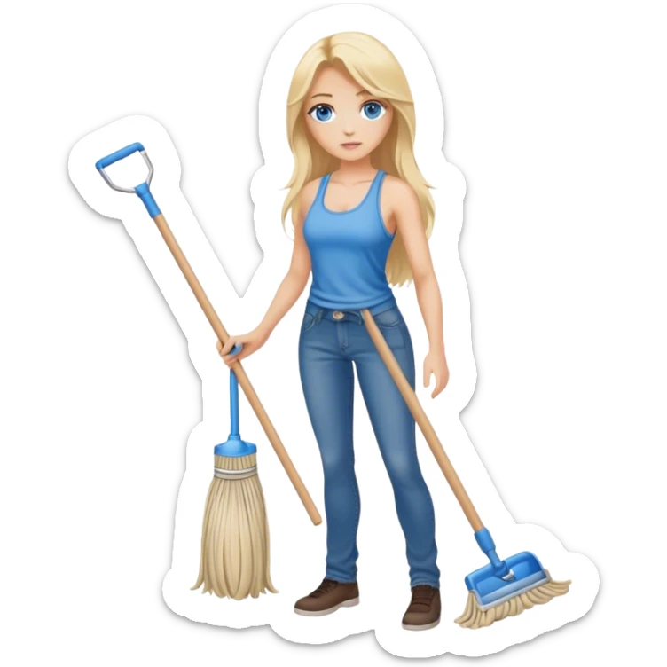 Cinematic realistic blonde with long hair and blue eyes, dressed in jeans and a tank top, holding a mop in her hands sticker