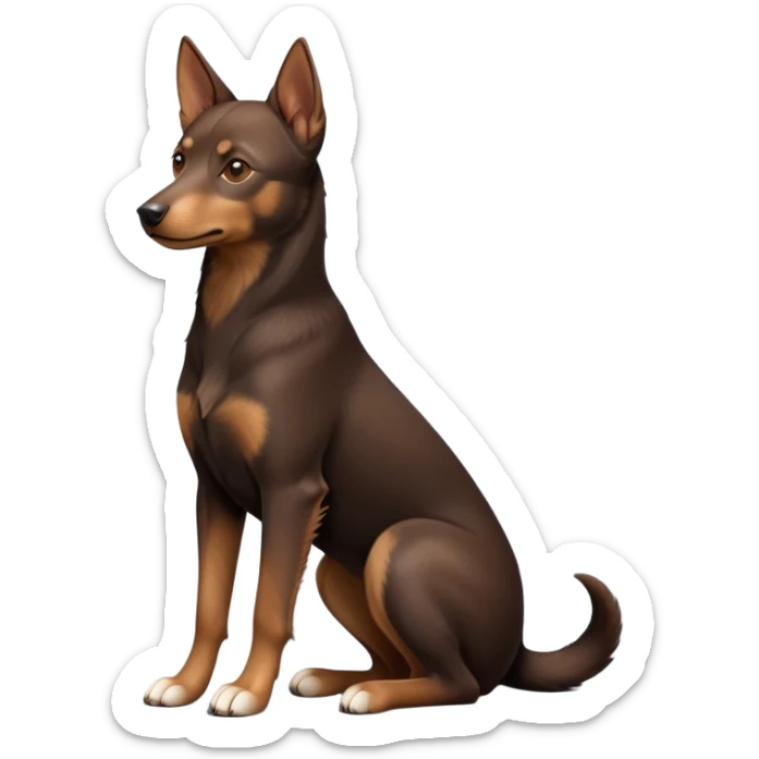 cinematic-[australian kelpie]-realistic-full-body-sitting-emoji,-tail-resting-loosely-beside-its-paws,-head-tilted-dramatically, -sleek-[Brown and tan]-fur,-simplified-yet-realistic-focused-features,-highly-detailed,-glowing-with-an-almost-sarcastic-glow sticker