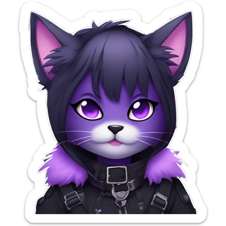 Gorgeous furry gothic dark techwear anime style anthro black cat furry sona Fakemon with blushing face aesthetic and pretty edgy black with violet collar and harness trending style sticker