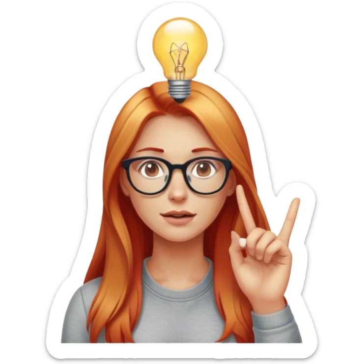 intelligent and clever, 30 year old, girl, long red and almost blond hair, glasses, has an brillant idea, light bulb over the head, casual cloth  sticker