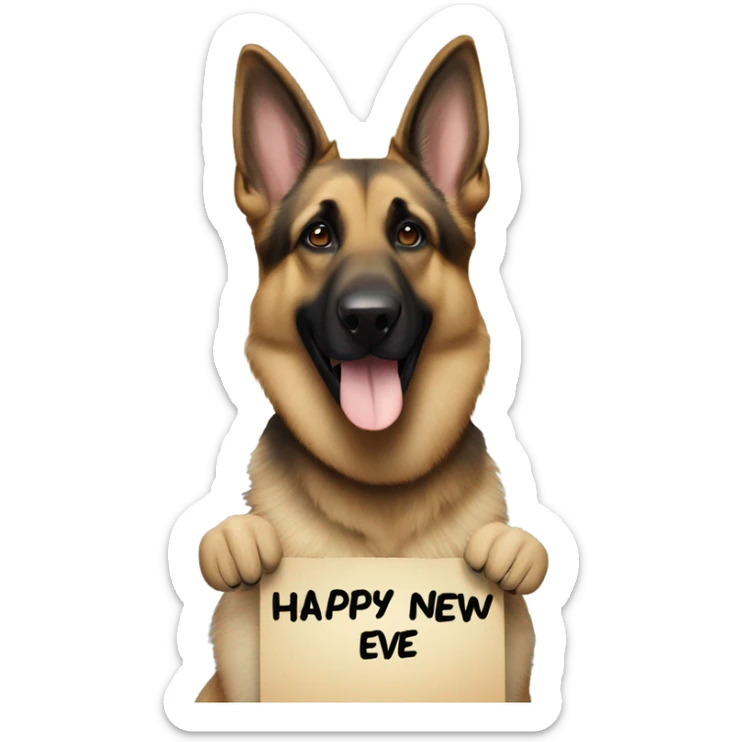Blonde and brown German shepherd holding a sign that says “Happy New Years Eve” sticker